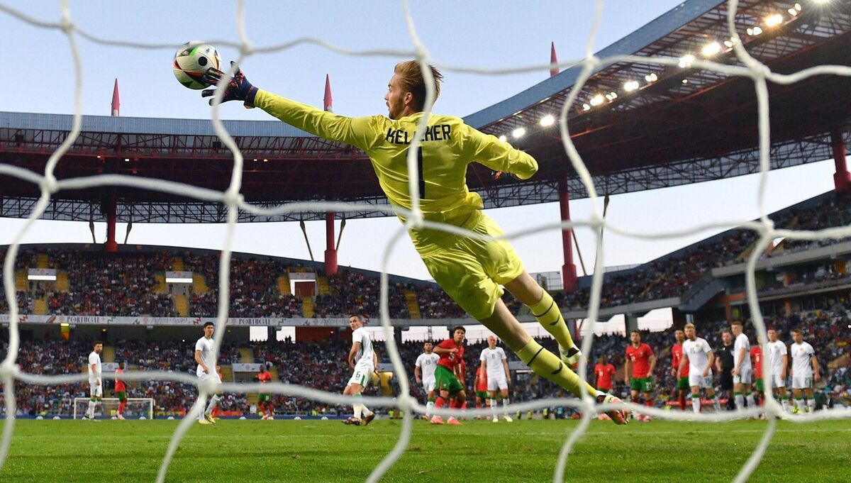  Republic of Ireland goalkeeper Caoimhin Kelleher makes a save from Joao Neves of Portugal during the international friendly match between the sides at Estádio Municipal de Aveiro in Aveiro, Portugal last year. Picture Stephen McCarthy/Sportsfile