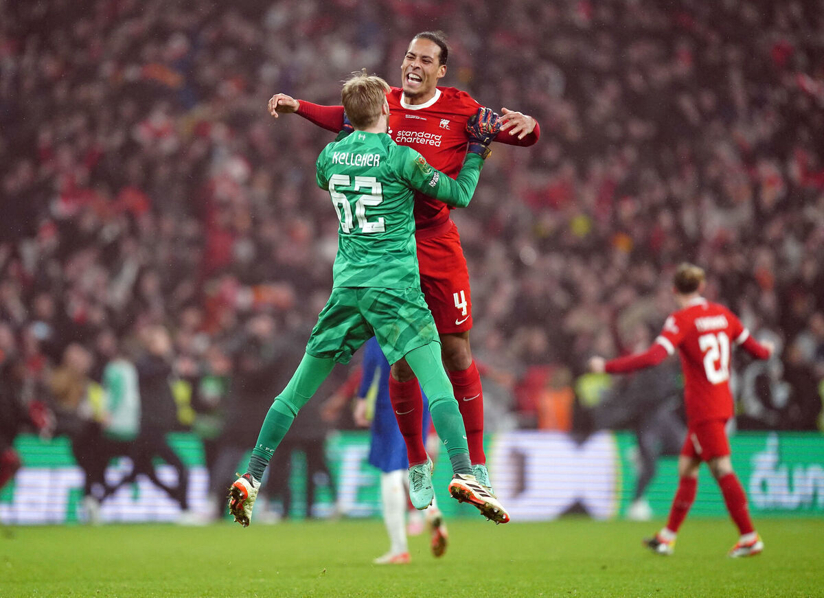 Liverpool goalkeeper Caoimhin Kelleher and Virgil van Dijk celebrate after the final whistle of the Carabao Cup final at Wembley Stadium, London last year. Picture: Nick Potts/PA Wire