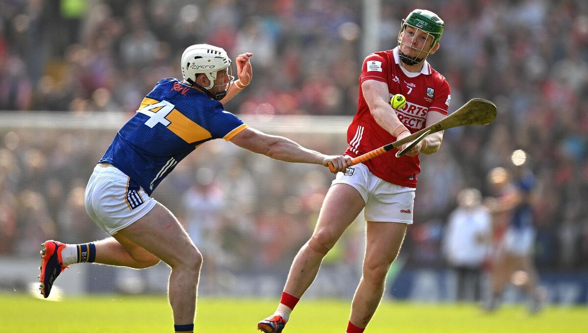 Cork's Cormac O'Brien, in action against Michael Breen of Tipperary in the Allianz HL Division 1A final, is on the bench. Picture: Brendan Moran/Sportsfile