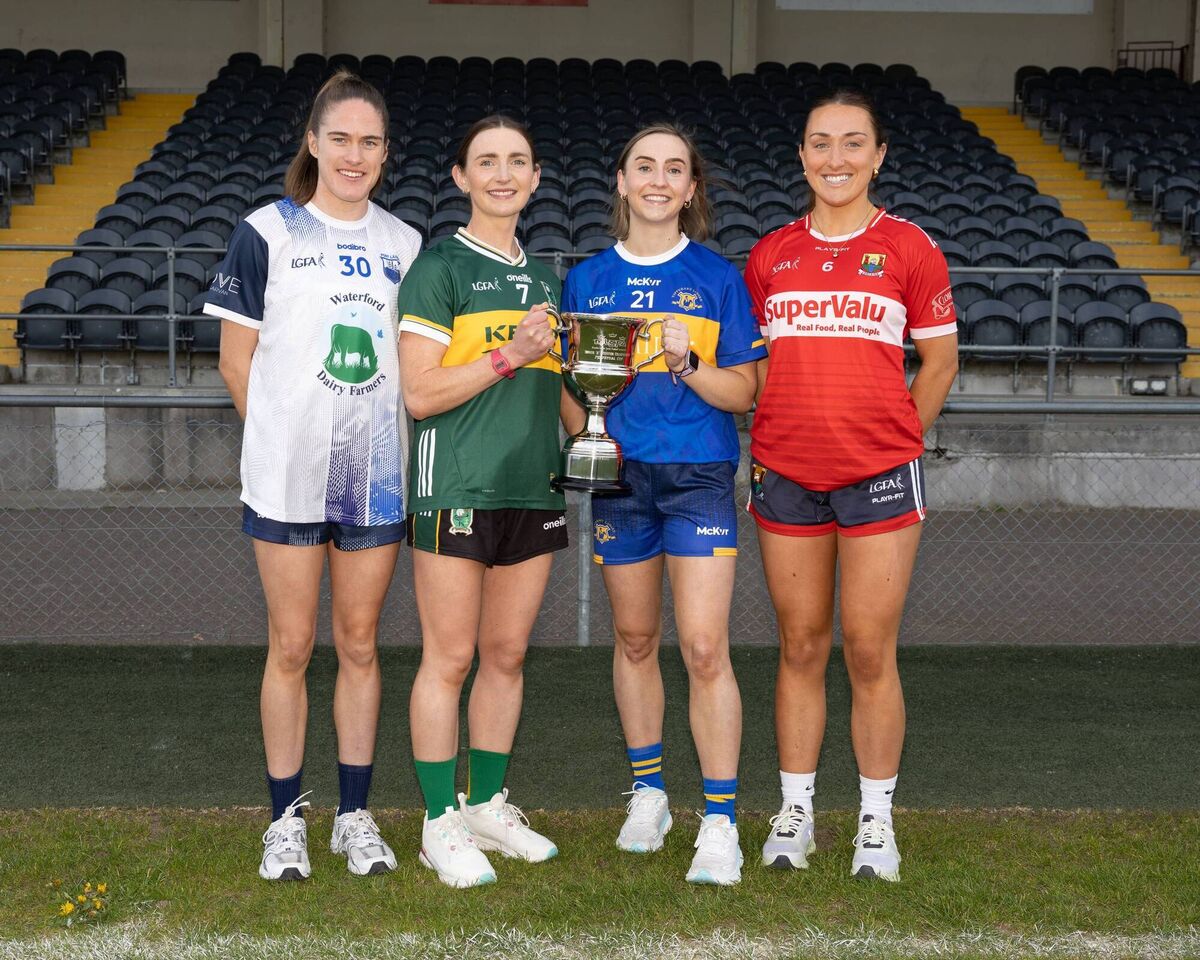 Emma Murray, Waterford; Cáit Lynch, Kerry; Kate McFadden, Tipperary, and Sarah Leahy, Cork, at the launch of the Munster Ladies Football Senior A Championship at Mallow GAA Club. Emma Murray, Waterford; Cáit Lynch, Kerry; Kate McFadden, Tipperary, and Sarah Leahy, Cork, at the launch of the Munster Ladies Football Senior A Championship at Mallow GAA Club.