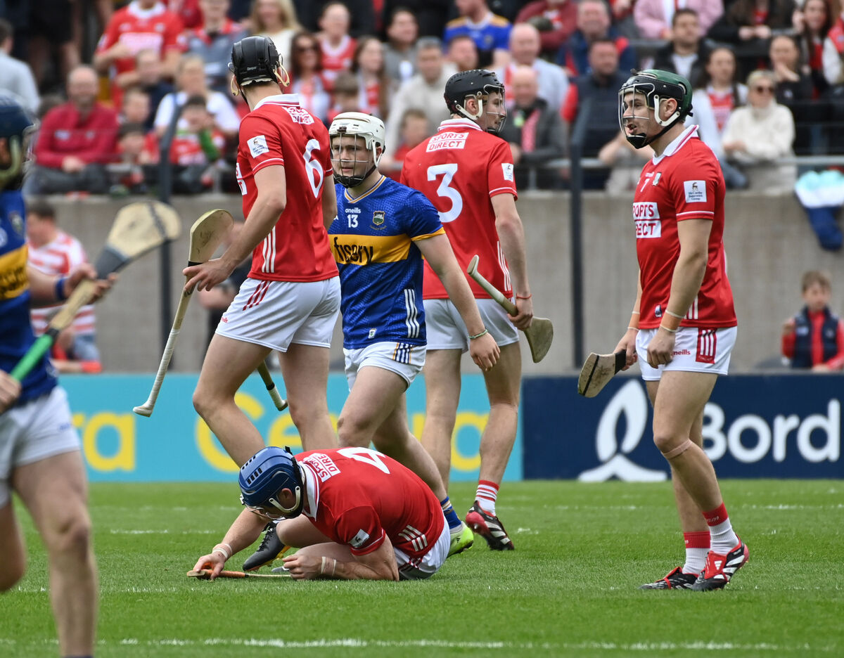 Cork's Seán O'Donoghue on the ground following the incident prior to throw-in that resulted in Darragh McCarthy of Tipperary being sent off. Picture: Eddie O'Hare