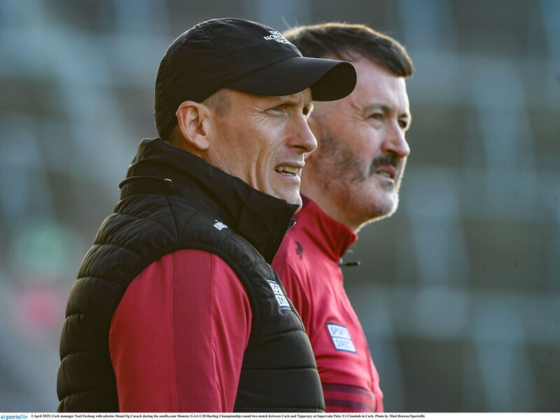 Cork manager Noel Furlong with selector Dónal Óg Cusack during the oneills.com Munster U20HC game against Tipperary at SuperValu Páirc Uí Chaoimh. Picture: Matt Browne/Sportsfile