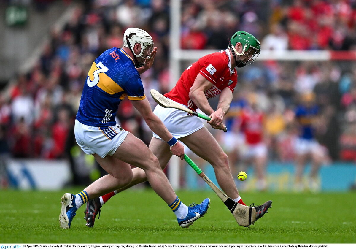 Séamus Harnedy of Cork is blocked down by Eoghan Connolly of Tipperary during the Munster GAA Hurling Senior Championship Round 2 match between Cork and Tipperary at SuperValu Páirc Uí Chaoimh in Cork. Picture: Brendan Moran/Sportsfile