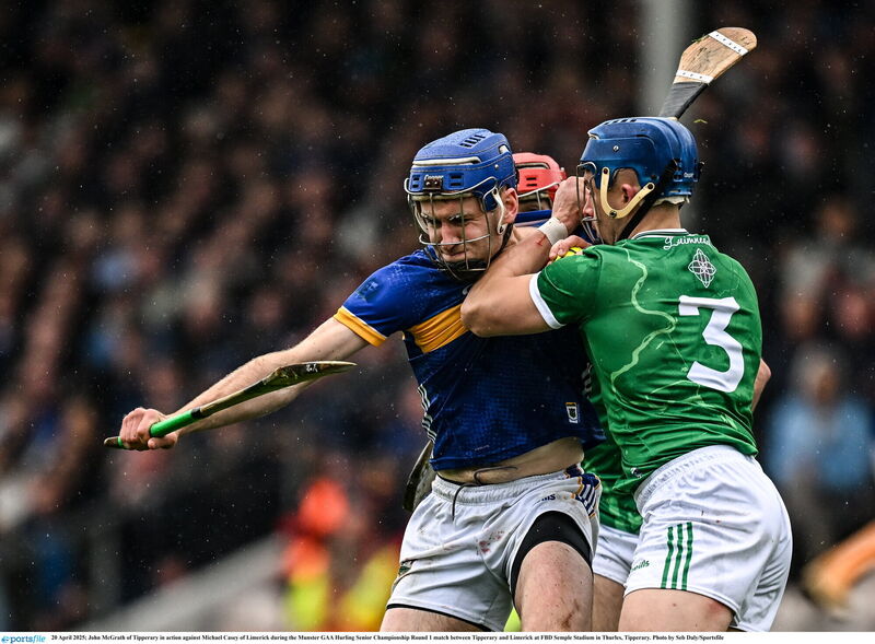 John McGrath of Tipperary in action against Michael Casey of Limerick during the Munster GAA Hurling Senior Championship Round 1 match between Tipperary and Limerick at FBD Semple Stadium in Thurles, Tipperary. Picture: Seb Daly/Sportsfile