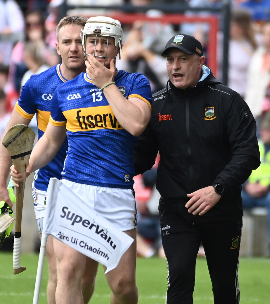 Tipperary's Darragh McCarthy with manager Liam Cahill after his sending off. Picture: Eddie O'Hare