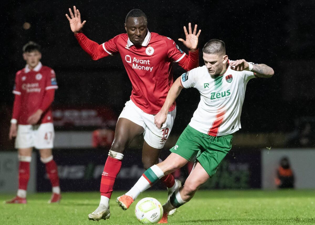 Sligo Rovers’ Francely Lomboto and Cork City’s Sean Murray during Saturday’s game. Photo Evan Logan