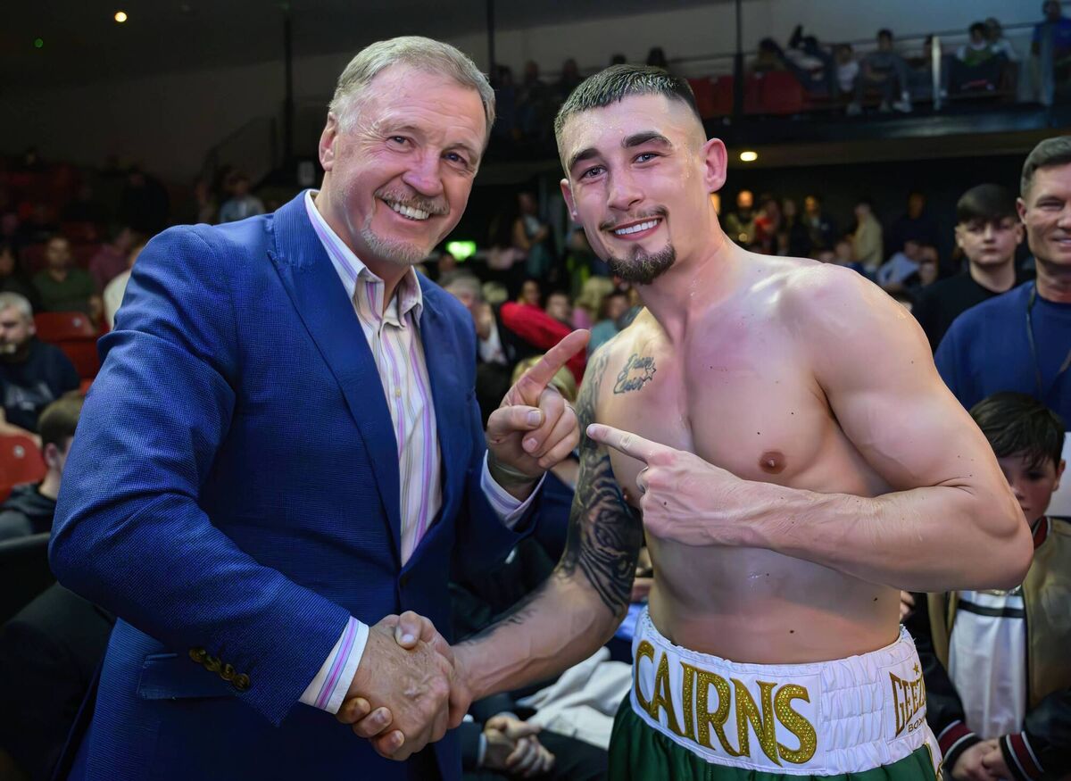 JB Promotions Night Of Champions 10 - Steven Cairns pictured with former WBO World Middleweight and Super Middleweight champion Steve Collins following his two round victory over Francisco Javier Lucero on the JB Promotions Night Of Champions professional boxing card at the National Stadium on Saturday 12 April 2025 Picture: Doug Minihane JB Promotions Night Of Champions 10 - Steven Cairns pictured with former WBO World Middleweight and Super Middleweight champion Steve Collins following his two round victory over Francisco Javier Lucero on the JB Promotions Night Of Champions professional boxing card at the National Stadium on Saturday 12 April 2025 Picture: Doug Minihane
