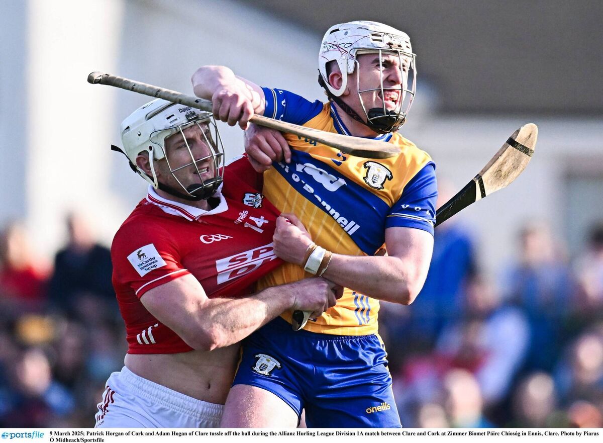 Patrick Horgan of Cork and Adam Hogan of Clare tussle off the ball during the Allianz Hurling League Division 1A match between Clare and Cork. Picture: Piaras Ó Mídheach/Sportsfile