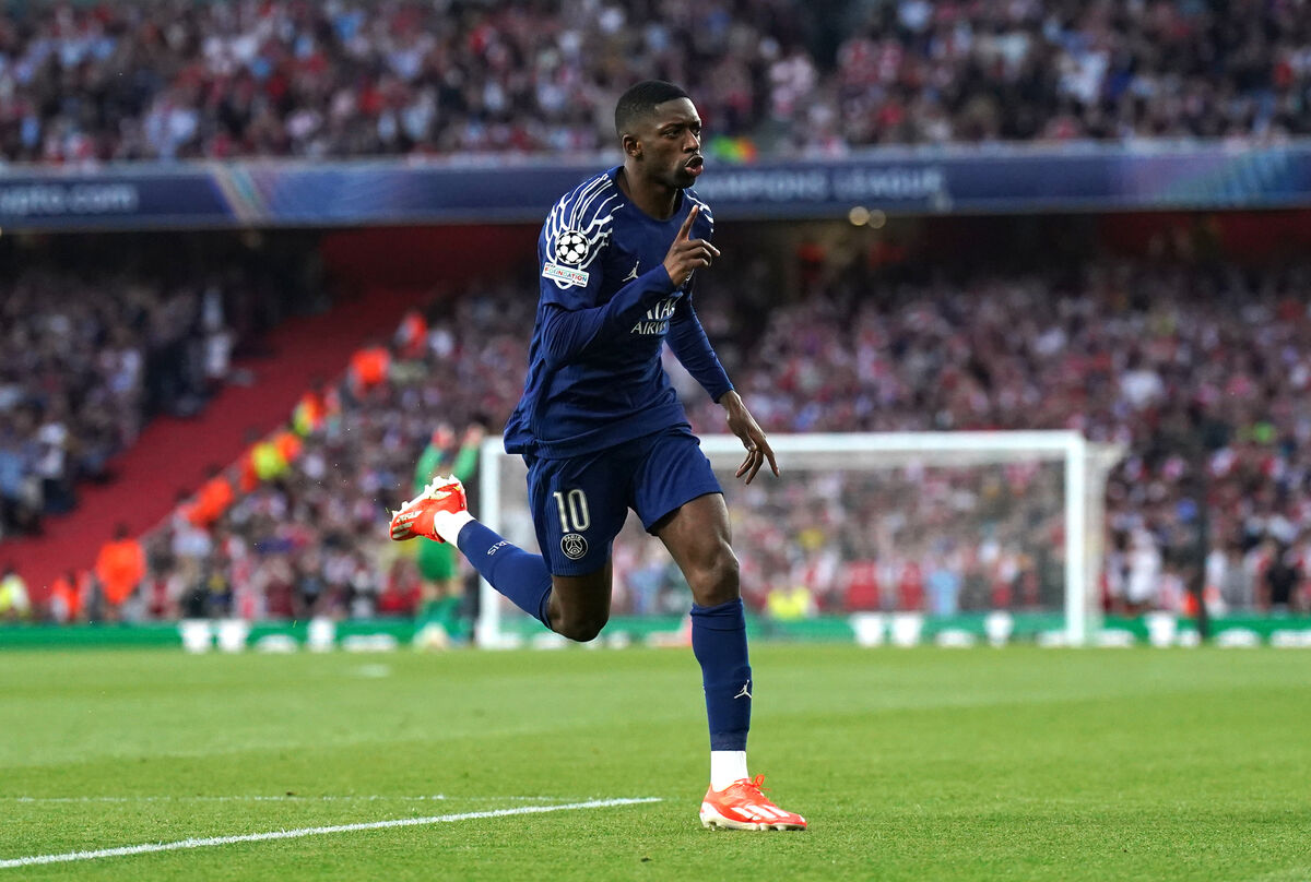 Paris Saint Germain's Ousmane Dembele celebrates scoring their winner during the UEFA Champions League semi final, first leg match at the Emirates Stadium, London. Paris Saint Germain's Ousmane Dembele celebrates scoring their winner during the UEFA Champions League semi final, first leg match at the Emirates Stadium, London.