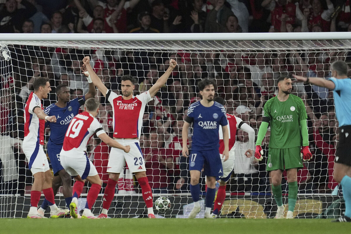 Arsenal's Mikel Merino celebrates after scoring a goal that was later disallowed during the Champions League semifinal first leg soccer match between Arsenal and Paris Saint-Germain at Arsenal Stadium in London. Picture: AP Photo/Kin Cheung Arsenal's Mikel Merino celebrates after scoring a goal that was later disallowed during the Champions League semifinal first leg soccer match between Arsenal and Paris Saint-Germain at Arsenal Stadium in London. Picture: AP Photo/Kin Cheung