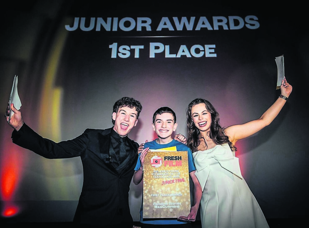 Twelve-year-old Max Cummins from Carrigaline, pictured here with actors and directors Niamh Cremins and Seán Tracey after being crowned Ireland’s junior young filmmaker of the year with his outstanding stop-motion film, ‘Random Stories’. Picture: Brian Arthur
Twelve-year-old Max Cummins from Carrigaline, pictured here with actors and directors Niamh Cremins and Seán Tracey after being crowned Ireland’s junior young filmmaker of the year with his outstanding stop-motion film, ‘Random Stories’. Picture: Brian Arthur