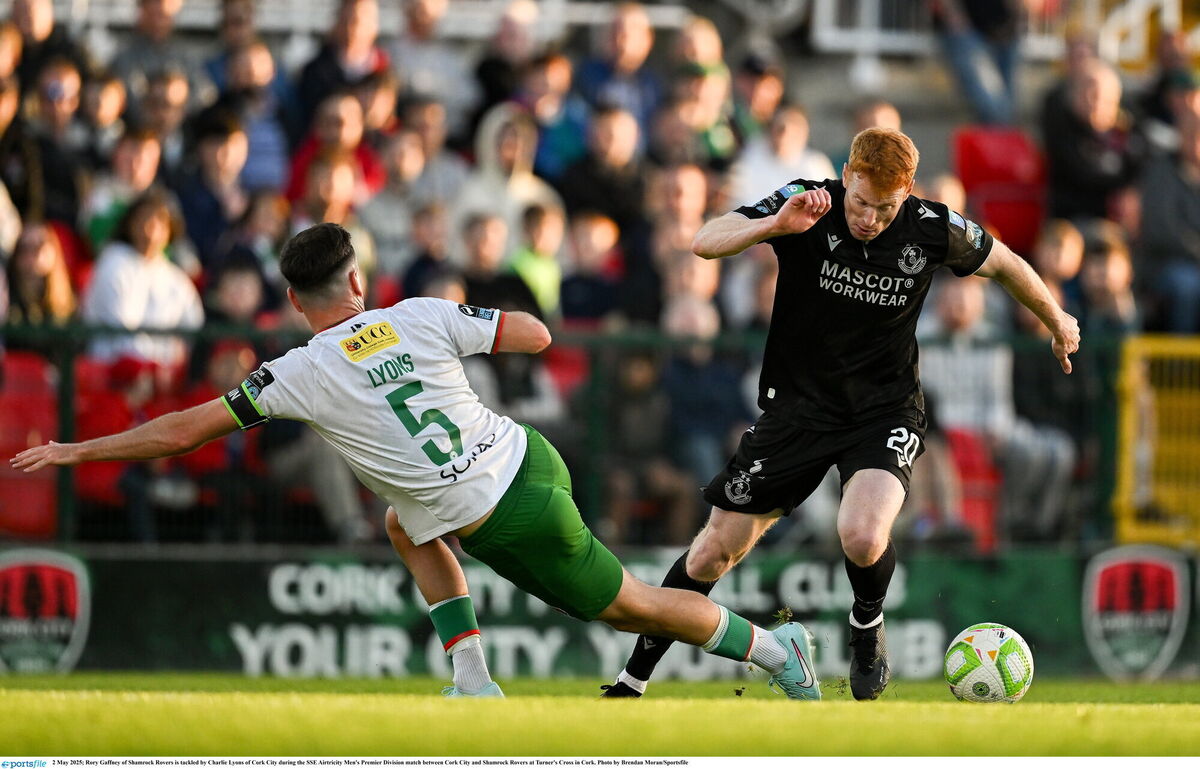 Rory Gaffney of Shamrock Rovers is tackled by Charlie Lyons of Cork City. Picture: Brendan Moran/Sportsfile Rory Gaffney of Shamrock Rovers is tackled by Charlie Lyons of Cork City. Picture: Brendan Moran/Sportsfile