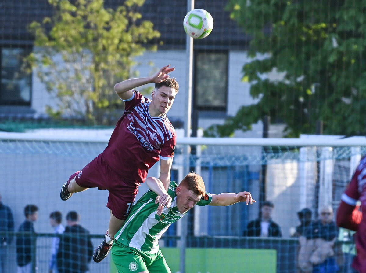 Cobh Ramblers' Cian Coleman goes high to head clear ahead of Bray Wanderers' Cian Curtis. Picture: David Keane.  Cobh Ramblers' Cian Coleman goes high to head clear ahead of Bray Wanderers' Cian Curtis. Picture: David Keane.