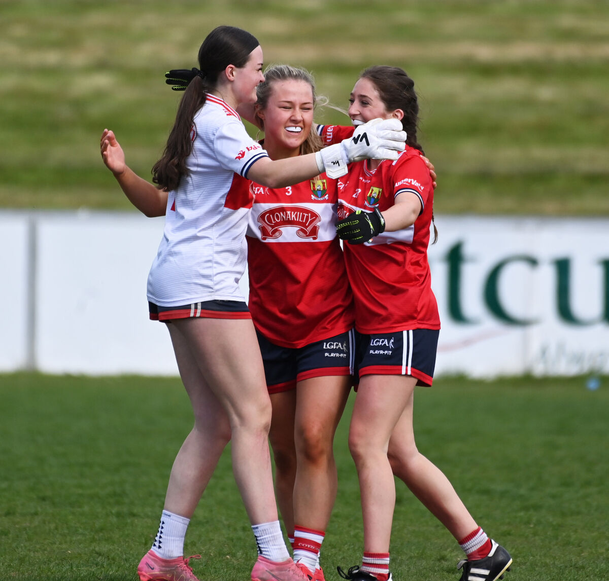 Cork players Andrea Toye, Allie Tobin and Megan Barrett celebrate. Picture: Eddie O'Hare Cork players Andrea Toye, Allie Tobin and Megan Barrett celebrate. Picture: Eddie O'Hare