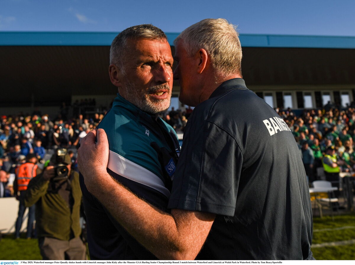 Waterford manager Peter Queally shakes hands with Limerick manager John Kiely. Picture: Tom Beary/Sportsfile Waterford manager Peter Queally shakes hands with Limerick manager John Kiely. Picture: Tom Beary/Sportsfile