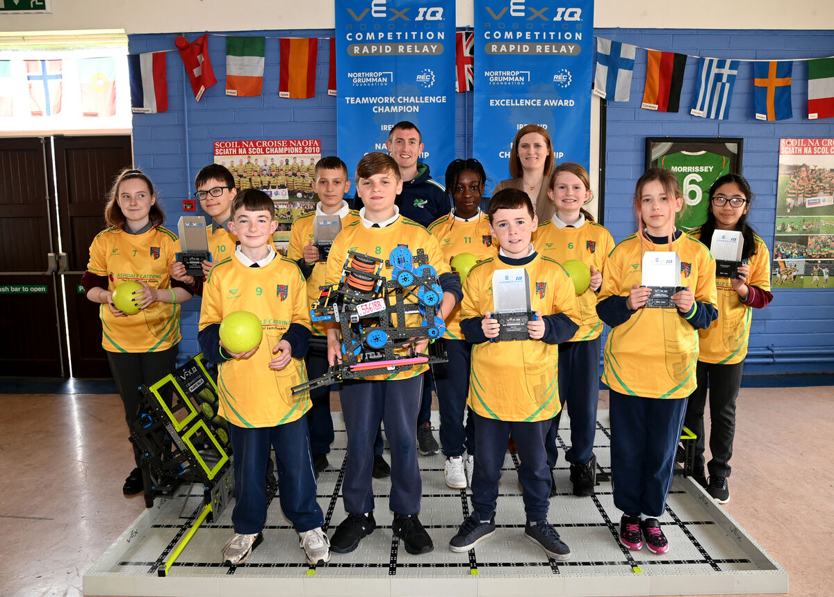 Pupils from Scoil na Croise Naofa in Mahon who will represent Ireland in the Vex Robotics finalls in Texas, Included are Dave Hayes, teacher; Ciara Bowe, principal; pupils Jada Acheampong, Faye Struthers, Ethan Healy, Maciej Gasienica, Glib Krovlaiidis,Ryan O'Connor, Dean O'Donovan, Maiia Bitkova, Leon Carroll and Juliane Tajonera. Picture: Eddie O'Hare Pupils from Scoil na Croise Naofa in Mahon who will represent Ireland in the Vex Robotics finalls in Texas, Included are Dave Hayes, teacher; Ciara Bowe, principal; pupils Jada Acheampong, Faye Struthers, Ethan Healy, Maciej Gasienica, Glib Krovlaiidis,Ryan O'Connor, Dean O'Donovan, Maiia Bitkova, Leon Carroll and Juliane Tajonera. Picture: Eddie O'Hare