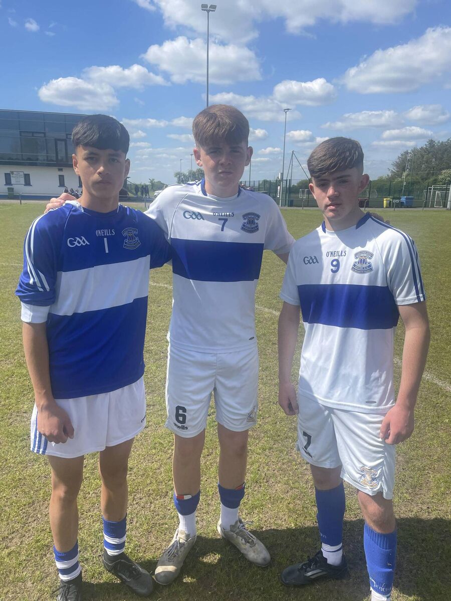 Gaelcolaiste Mhuire AG substitute Goalkeeper and man of the match Scott Twomey with his side’s goal scorers Sean Creen and Lee Coughlan after their FAI Schools Minor U15 National Cup semi final against Springhill College at Tullamore on Tuesday evening. KD