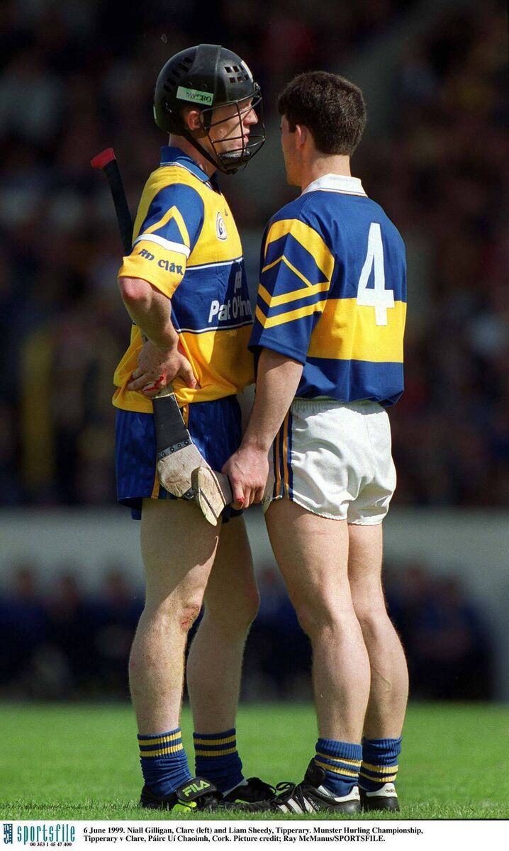 Niall Gilligan of Clare and Tipperary's Liam Sheedy during the 1999 Munster SHC game at Páirc Uí Chaoimh. Picture: Ray McManus/Sportsfile Niall Gilligan of Clare and Tipperary's Liam Sheedy during the 1999 Munster SHC game at Páirc Uí Chaoimh. Picture: Ray McManus/Sportsfile