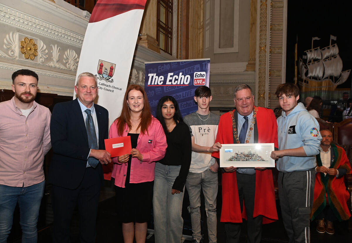 John Dolan, The Echo and Lord Mayor Cllr Dan Boyle with (from left) Joe Curtin, Katie Galgey, Ersha Nahed, Chris Delurey and Luke Mason of The Hut Youth Project, winners in the Social Services Charities and Environment category at the Lord Mayor's Community & Voluntary Awards Ceremony 2025. Picture: Larry Cummins John Dolan, The Echo and Lord Mayor Cllr Dan Boyle with (from left) Joe Curtin, Katie Galgey, Ersha Nahed, Chris Delurey and Luke Mason of The Hut Youth Project, winners in the Social Services Charities and Environment category at the Lord Mayor's Community & Voluntary Awards Ceremony 2025. Picture: Larry Cummins