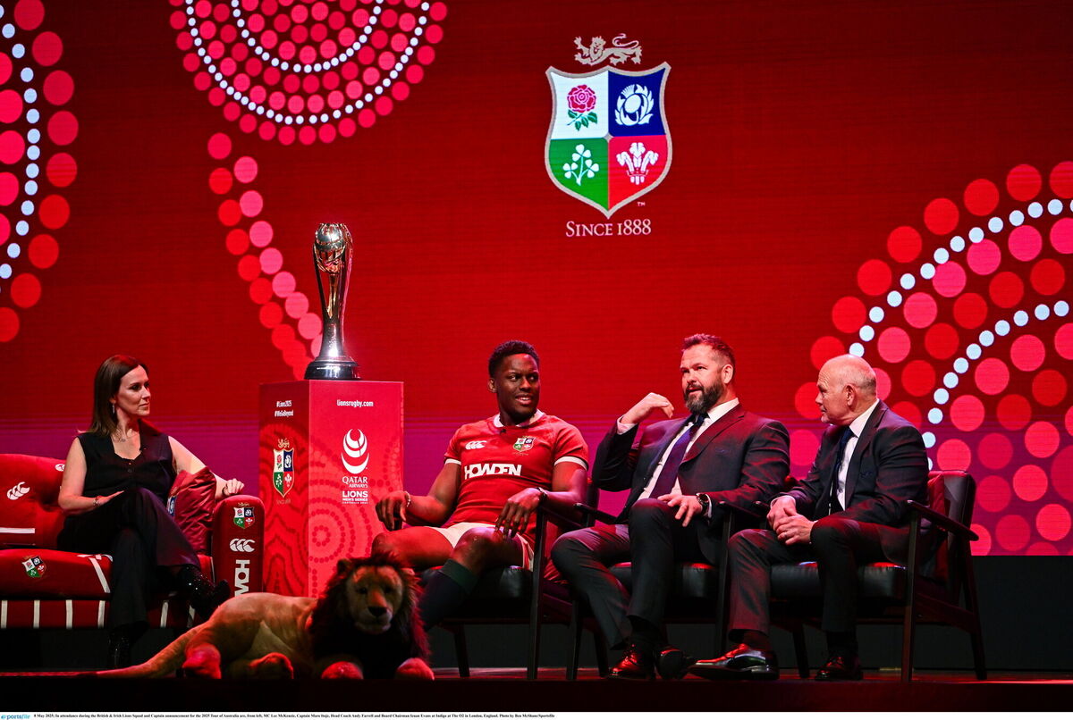 In attendance during the British &amp; Irish Lions squad and captain announcement for the 2025 tour of Australia were, from left, MC Lee McKenzie, captain Maro Itoje, head coach Andy Farrell and board chairperson Ieuan Evans at Indigo at The O2 in London, England. Picture: Ben McShane/Sportsfile