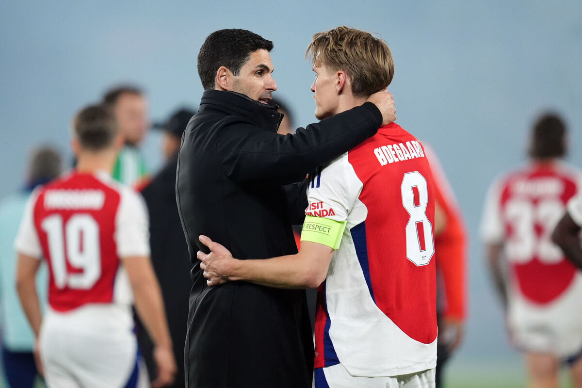 Arsenal manager Mikel Arteta (left) consoles Arsenal player Martin Odegaard after the final whistle in the UEFA Champions League semi final, second leg match at the Parc des Princes in Paris, France. Picture: Adam Davy/PA Wire Arsenal manager Mikel Arteta (left) consoles Arsenal player Martin Odegaard after the final whistle in the UEFA Champions League semi final, second leg match at the Parc des Princes in Paris, France. Picture: Adam Davy/PA Wire