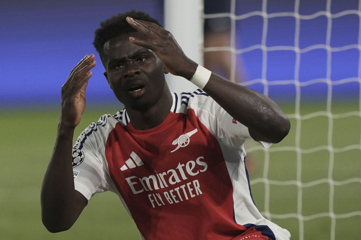 Arsenal's Bukayo Saka reacts after missing a chance during the Champions League semifinal, second leg soccer match against Paris Saint-Germain at the Parc des Princes in Paris. Picture: AP Photo/Aurelien Morissard Arsenal's Bukayo Saka reacts after missing a chance during the Champions League semifinal, second leg soccer match against Paris Saint-Germain at the Parc des Princes in Paris. Picture: AP Photo/Aurelien Morissard