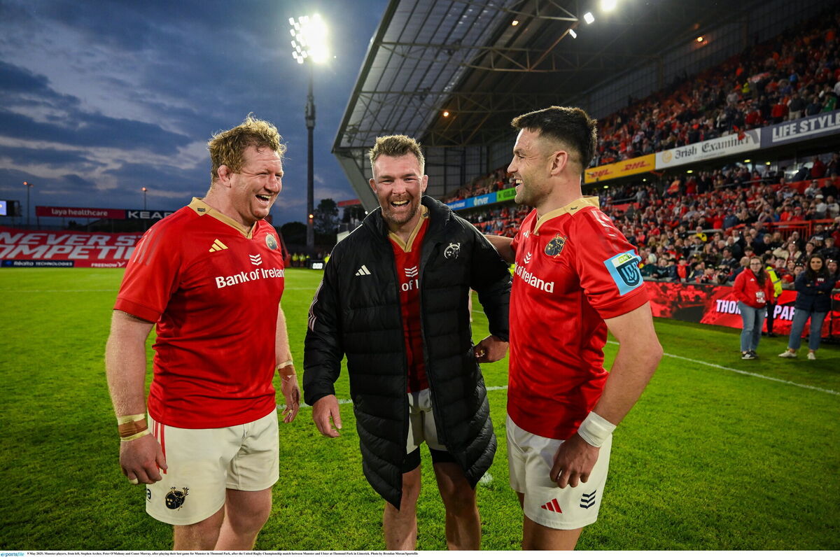 Munster legends Stephen Archer, Peter O'Mahony and Conor Murray after playing their last game in Thomond Park. Picture: Brendan Moran/Sportsfile Munster legends Stephen Archer, Peter O'Mahony and Conor Murray after playing their last game in Thomond Park. Picture: Brendan Moran/Sportsfile