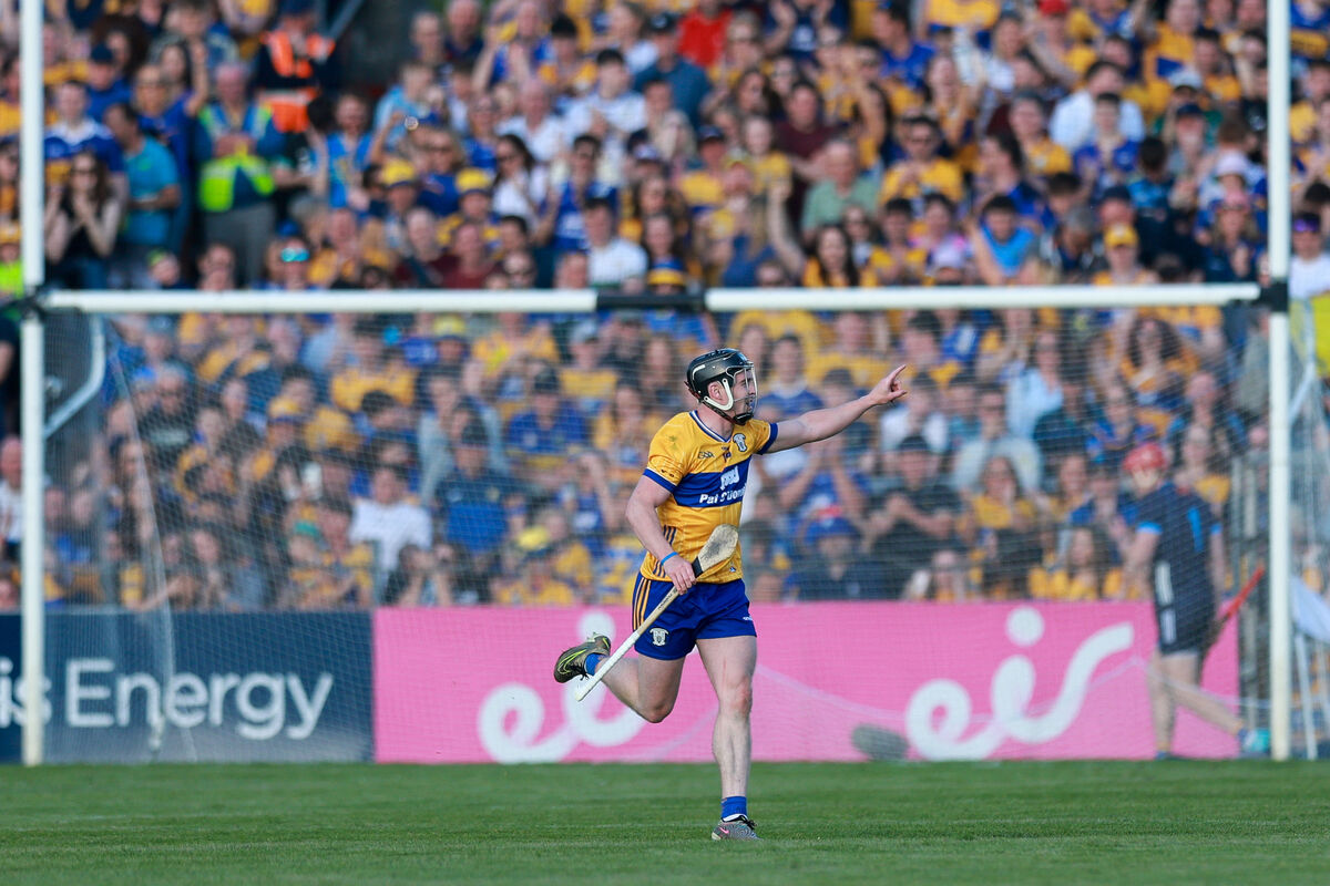 Tony Kelly of Clare celebrates after scoring his penalty in the second half of the Munster GAA Senior Hurling Championship Round 3 at Zimmer Biomet Páirc Chíosóg. Picture: ©INPHO/Natasha Barton