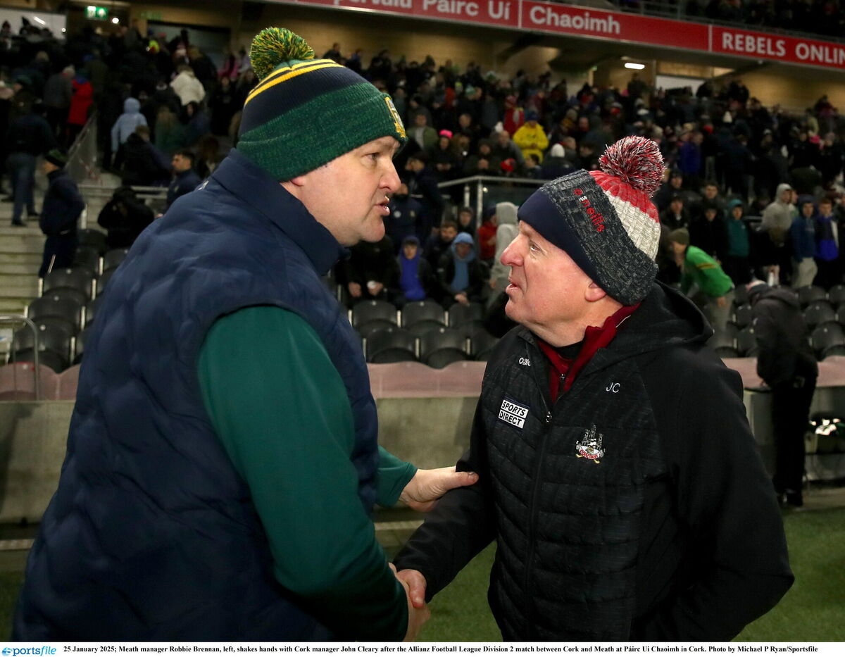 Meath manager Robbie Brennan shakes hands with Cork manager John Cleary earlier this season. Picture: Michael P Ryan/Sportsfile Meath manager Robbie Brennan shakes hands with Cork manager John Cleary earlier this season. Picture: Michael P Ryan/Sportsfile
