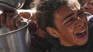 <p class="contextmenu internal_Caption">A Palestinian girl struggles to obtain donated food at a community kitchen in southern Gaza. 	<span class="contextmenu emphasis CaptionCredit">Picture: Abdel Kareem Hana</span>
            </p>