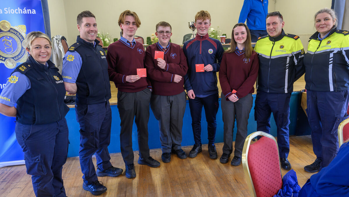 The Carrigaline Community School team eam of Sophie Ferriter, Sam Drislane, Ruairí Heffernan and Shane CCreedon who finished second at the Cork City Garda Schools Quiz Perpetual Cup sponsored by Johnson & Johnson Innovative Medicine, Ringaskiddy. Included are Community Garda Aoife Walsh and Marie Geraghty, Garda Owen O'Mahony and Inspector Martin Canny. Picture Dan Linehan The Carrigaline Community School team eam of Sophie Ferriter, Sam Drislane, Ruairí Heffernan and Shane CCreedon who finished second at the Cork City Garda Schools Quiz Perpetual Cup sponsored by Johnson & Johnson Innovative Medicine, Ringaskiddy. Included are Community Garda Aoife Walsh and Marie Geraghty, Garda Owen O'Mahony and Inspector Martin Canny. Picture Dan Linehan