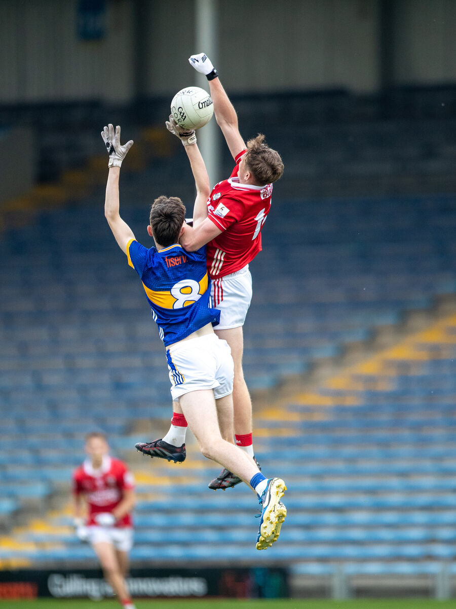 Cork's Ben Corkery-Delaney and Seán Griffin of Tipperary jump for the ball. Picture: Diarmuid Brennan Cork's Ben Corkery-Delaney and Seán Griffin of Tipperary jump for the ball. Picture: Diarmuid Brennan