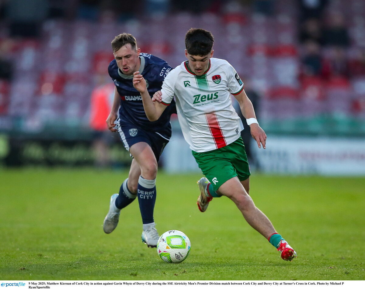 Matthew Kiernan of Cork City in action against Gavin Whyte of Derry City during the SSE Airtricity Men's Premier Division match between Cork City and Derry City at Turner's Cross in Cork. Photo by Michael P Ryan/Sportsfile Matthew Kiernan of Cork City in action against Gavin Whyte of Derry City during the SSE Airtricity Men's Premier Division match between Cork City and Derry City at Turner's Cross in Cork. Photo by Michael P Ryan/Sportsfile