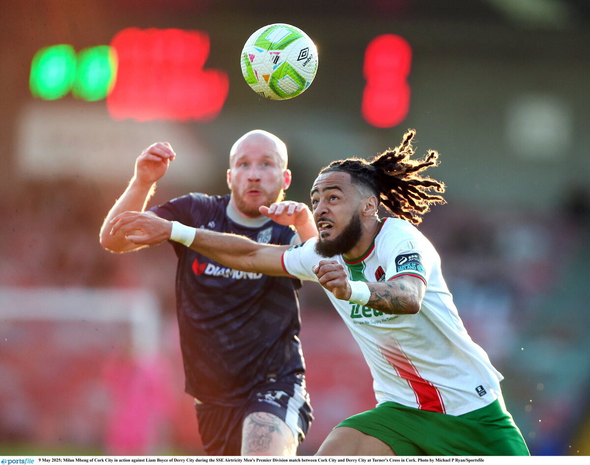 Milan Mbeng of Cork City in action against Liam Boyce of Derry City during the SSE Airtricity Men's Premier Division match between Cork City and Derry City at Turner's Cross in Cork. Photo by Michael P Ryan/Sportsfile Milan Mbeng of Cork City in action against Liam Boyce of Derry City during the SSE Airtricity Men's Premier Division match between Cork City and Derry City at Turner's Cross in Cork. Photo by Michael P Ryan/Sportsfile