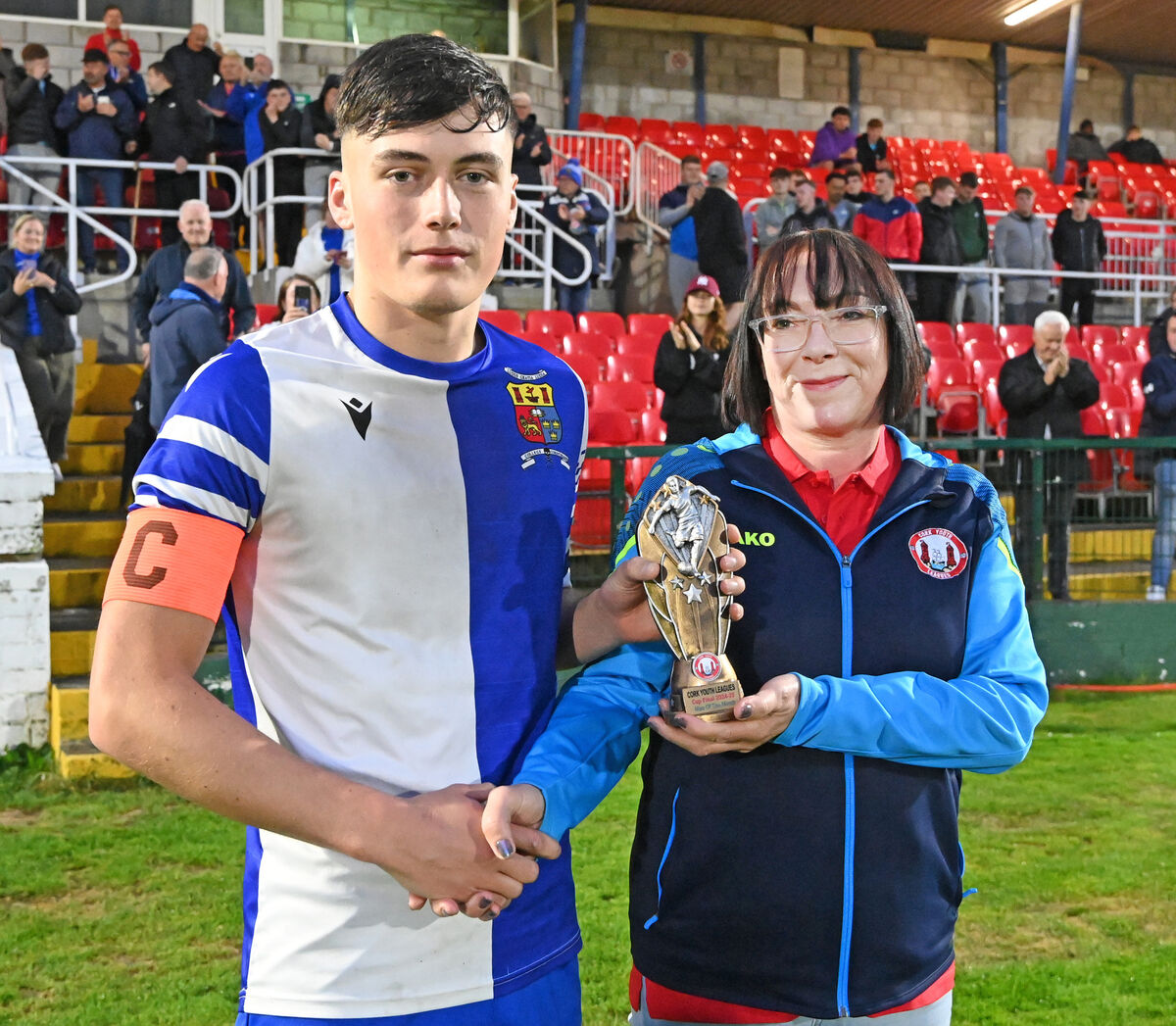 Sam Doherty, Cork Youths league presents the College Corinthians' Kealan Crowe with the 'Player of the match' award against Douglas Hall in the under 18 Murphy youth cup final at Turner's Cross. Picture: Eddie O'Hare