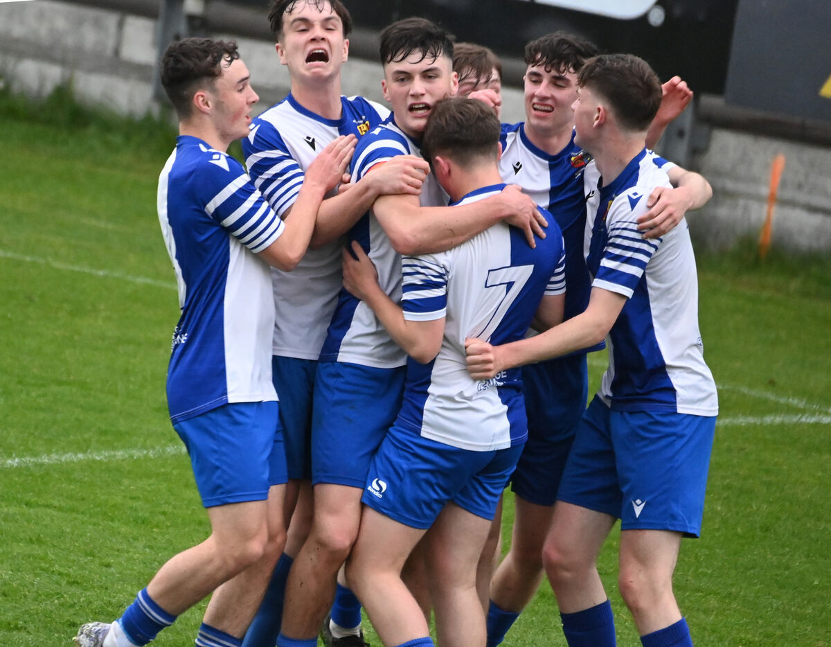 College Corinthians' Kealan Crowe (3rd left) celebrates his opening goal with teammates against Douglas Hall during the under 18 Murphy youth cup final at Turner's Cross. Picture: Eddie O'Hare