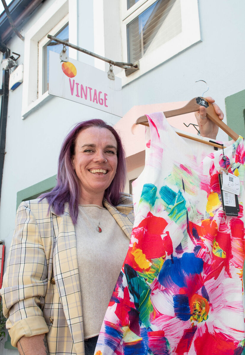 Katie sorting out some of the clothes inside her shop, Peach Vintage Clothing in Midleton. Picture: Howard Crowdy
