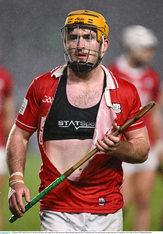 Niall O'Leary of Cork leaves the pitch with a ripped jersey after the drawn Allianz Hurling League Division 1A match between Cork and Limerick. Picture: Piaras Ó Mídheach/Sportsfile