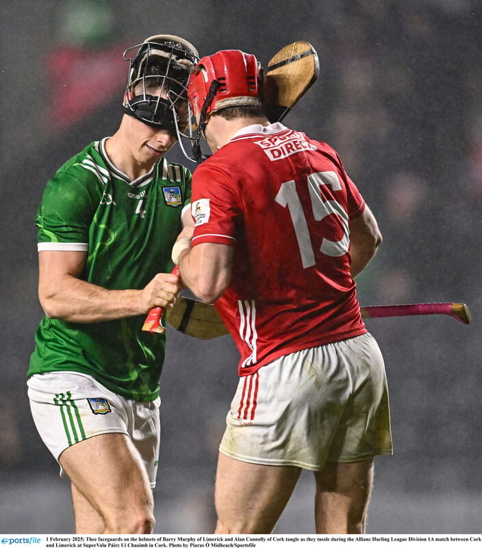 Barry Murphy of Limerick and Alan Connolly of Cork tangle during the Allianz Hurling League Division 1A match between Cork and Limerick. Picture: Piaras Ó Mídheach/Sportsfile