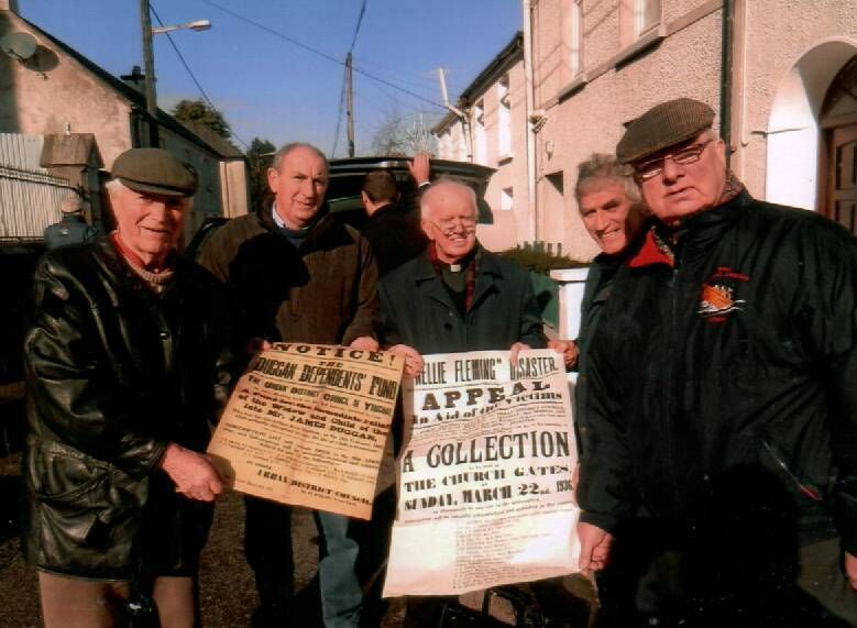 Jack Loughlin, Bill Kelly, Fr. Ben Cotter, Frank Keane and John Young with Nellie Fleming Appeal Posters. Image provided by Mike Hackett author of Lost Without Trace: The Nellie Fleming Schooner Story.