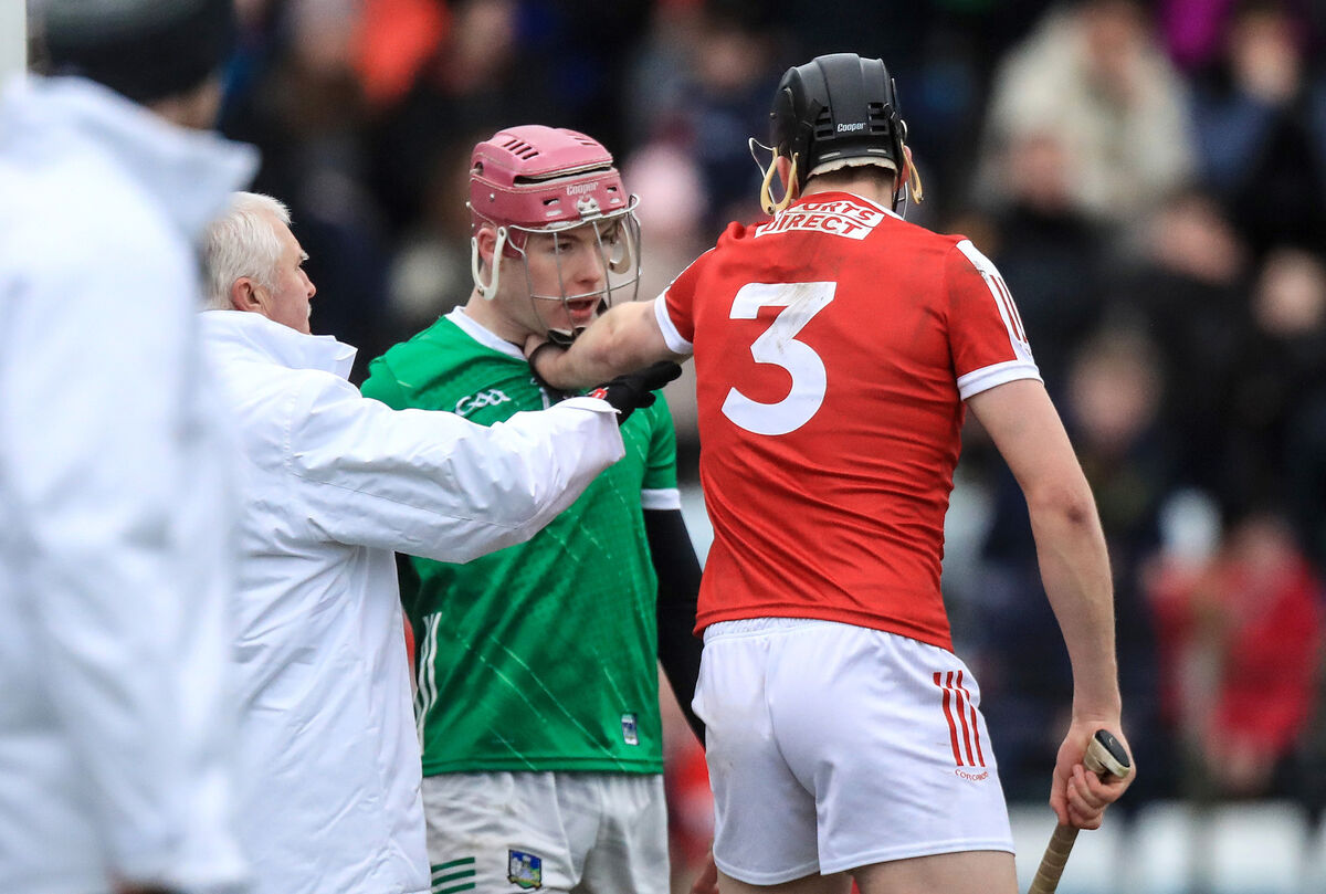 Tempers flare between Limerick's Shane O'Brien and Rob Downey of Cork in 2023. Picture: INPHO/Evan Treacy