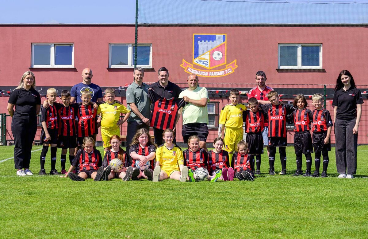 Ken Perrott, Cork 96FM, and Nick Harrison, FAI Regional Manager, presenting Paul Higgins of Ringmahon Rangers with a set of sponsored kit which the club won in the Circle K Kits For Clubs competition promoted by 96FM. Picture: Doug Minihane