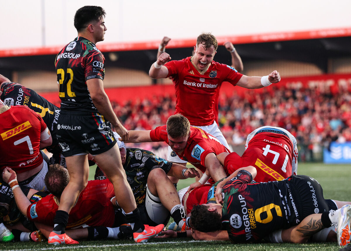 Munster's Craig Casey celebrates after Lee Barron score at Musgrave Park. Picture: INPHO/Ben Brady Munster's Craig Casey celebrates after Lee Barron score at Musgrave Park. Picture: INPHO/Ben Brady