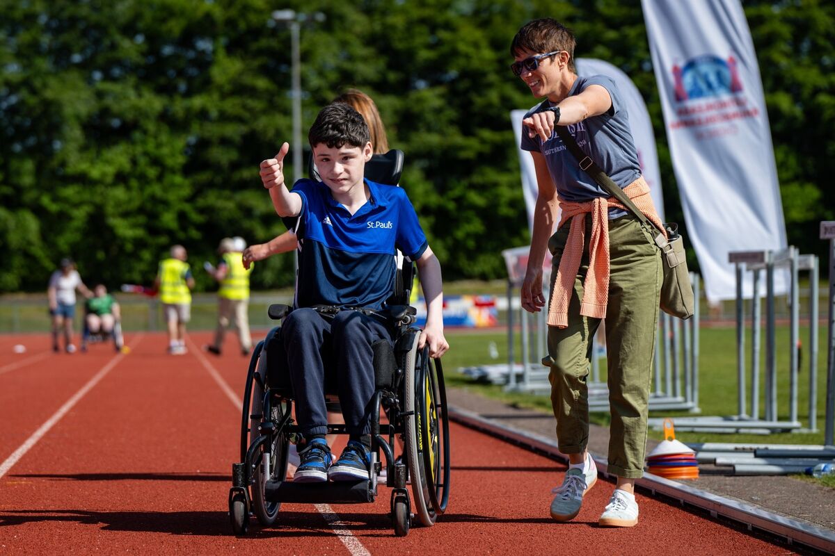 Robert Levis from St Paul’s gives a confident thumbs up as he crosses the finish line at the Special City Sports Day Event for children with physical needs at MTU, organised by Lúthchleasa Bhunscoileanna Chorcaí. Picture: Chani Anderson. Robert Levis from St Paul’s gives a confident thumbs up as he crosses the finish line at the Special City Sports Day Event for children with physical needs at MTU, organised by Lúthchleasa Bhunscoileanna Chorcaí. Picture: Chani Anderson.