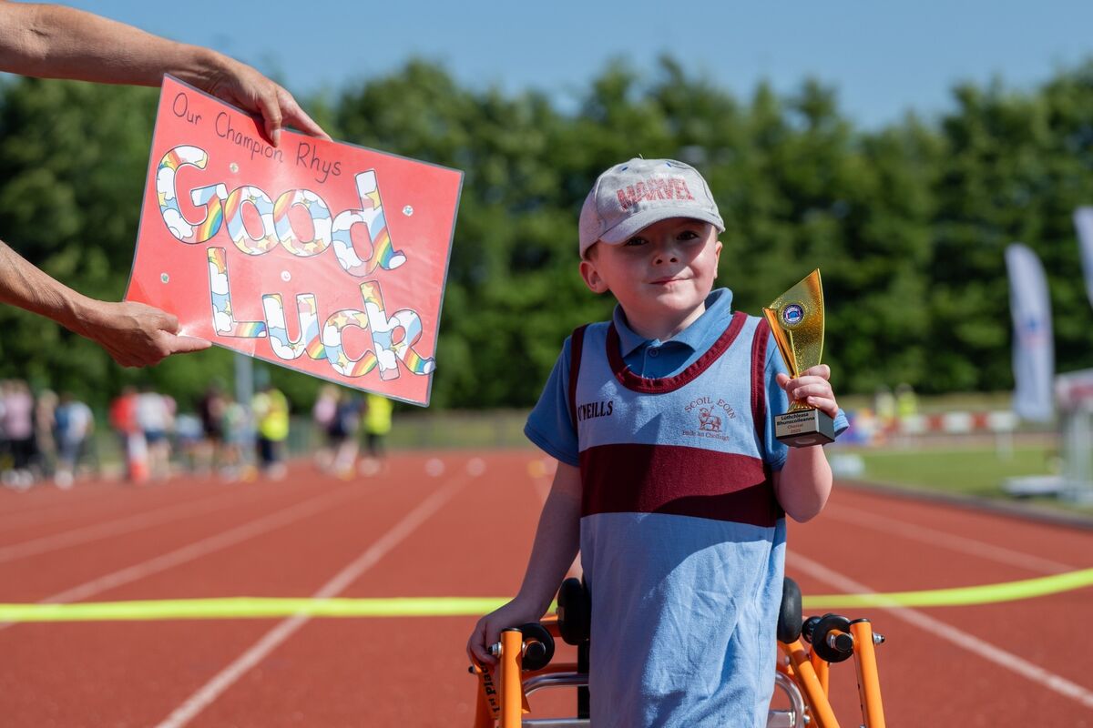Rhys Morrissey from Scoil Eoin, Ballincollig, proudly holds up his winner’s trophy at the Special City Sports Day Event for children with physical needs at MTU, organised by Lúthchleasa Bhunscoileanna Chorcaí. Picture: Chani Anderson. Rhys Morrissey from Scoil Eoin, Ballincollig, proudly holds up his winner’s trophy at the Special City Sports Day Event for children with physical needs at MTU, organised by Lúthchleasa Bhunscoileanna Chorcaí. Picture: Chani Anderson.