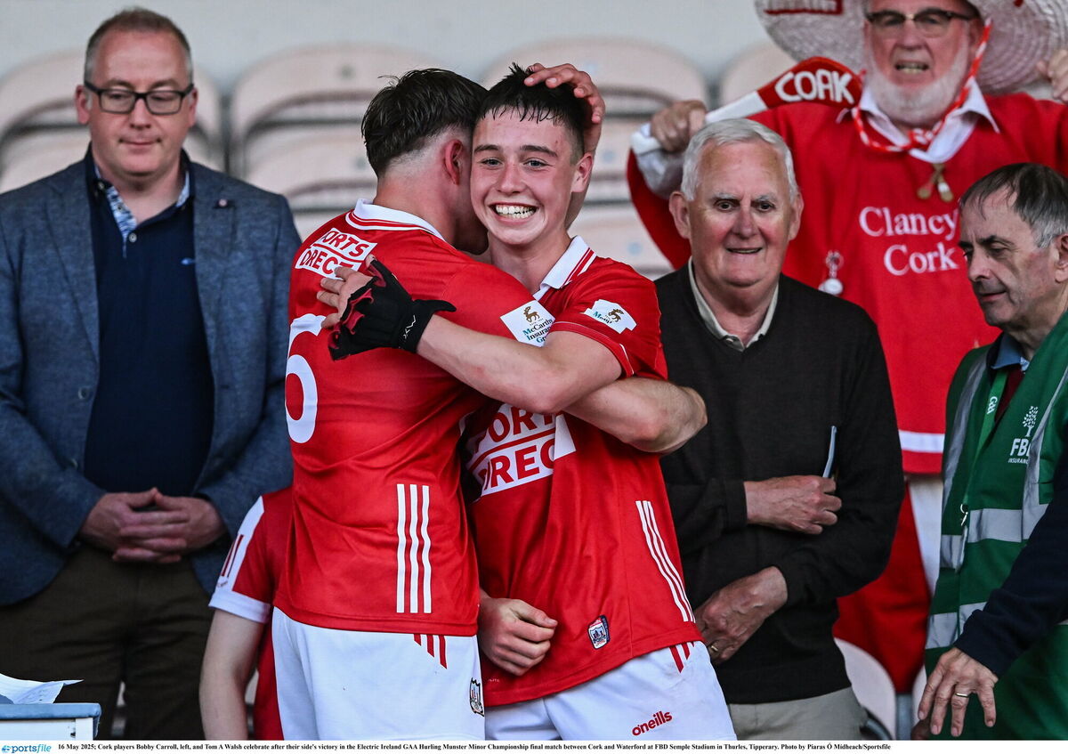 Cork captain Bobby Carroll, left, and player of he match Tom A Walsh celebrate after Friday's victory over Waterford in the Electric Ireland Munster MHC final at Thurles. Picture: Piaras Ó Mídheach/Sportsfile