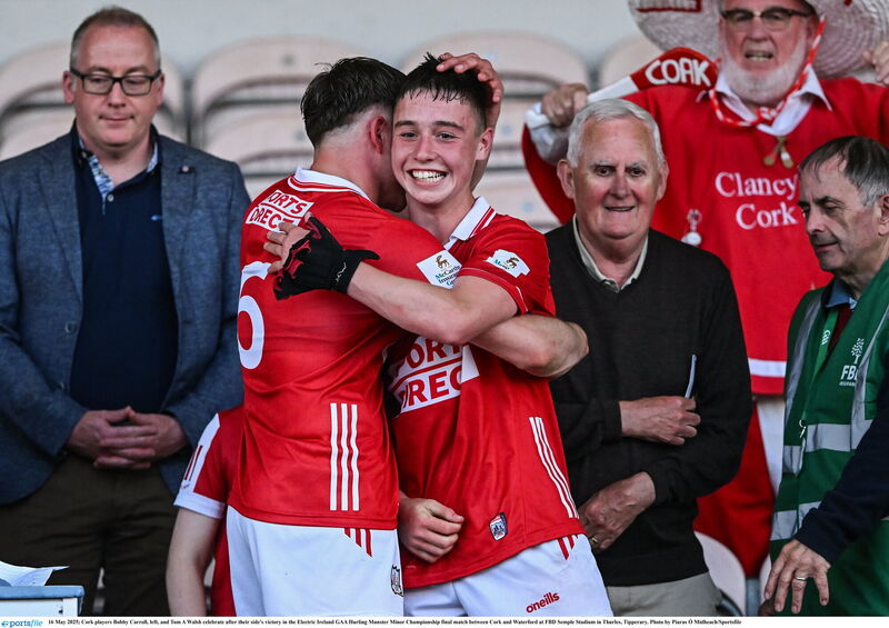 Cork captain Bobby Carroll, left, and player of he match Tom A Walsh celebrate after Friday's victory over Waterford in the Electric Ireland Munster MHC final at Thurles. Picture: Piaras Ó Mídheach/Sportsfile Cork captain Bobby Carroll, left, and player of he match Tom A Walsh celebrate after Friday's victory over Waterford in the Electric Ireland Munster MHC final at Thurles. Picture: Piaras Ó Mídheach/Sportsfile