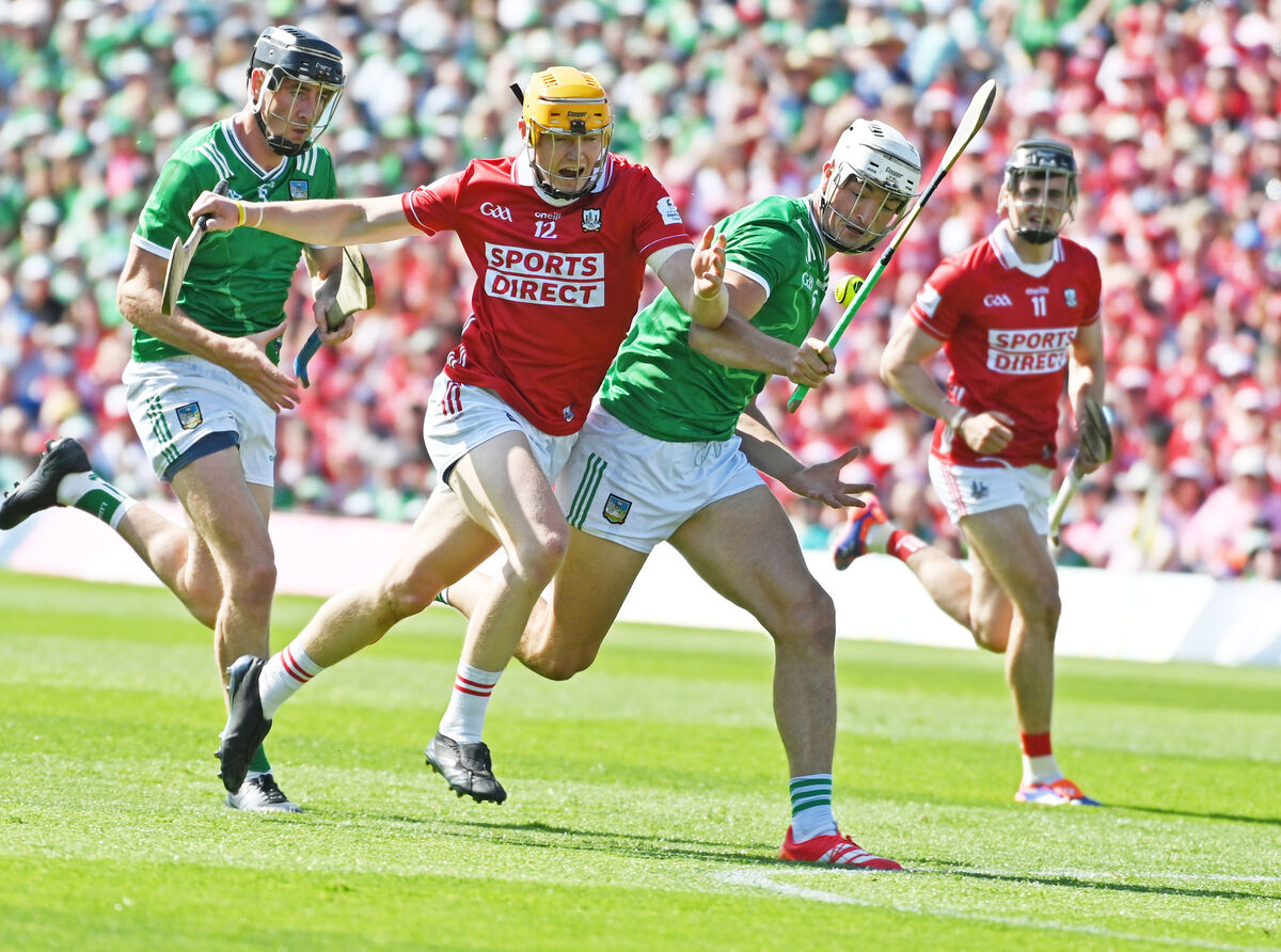 Cork's Shane Barrett tussles with Limerick's Kyle Hayes. Picture: Eddie O'Hare