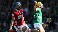 Adam English celebrates after scoring his side's second goal of the match despite Seán O'Donoghue 18/5/2025