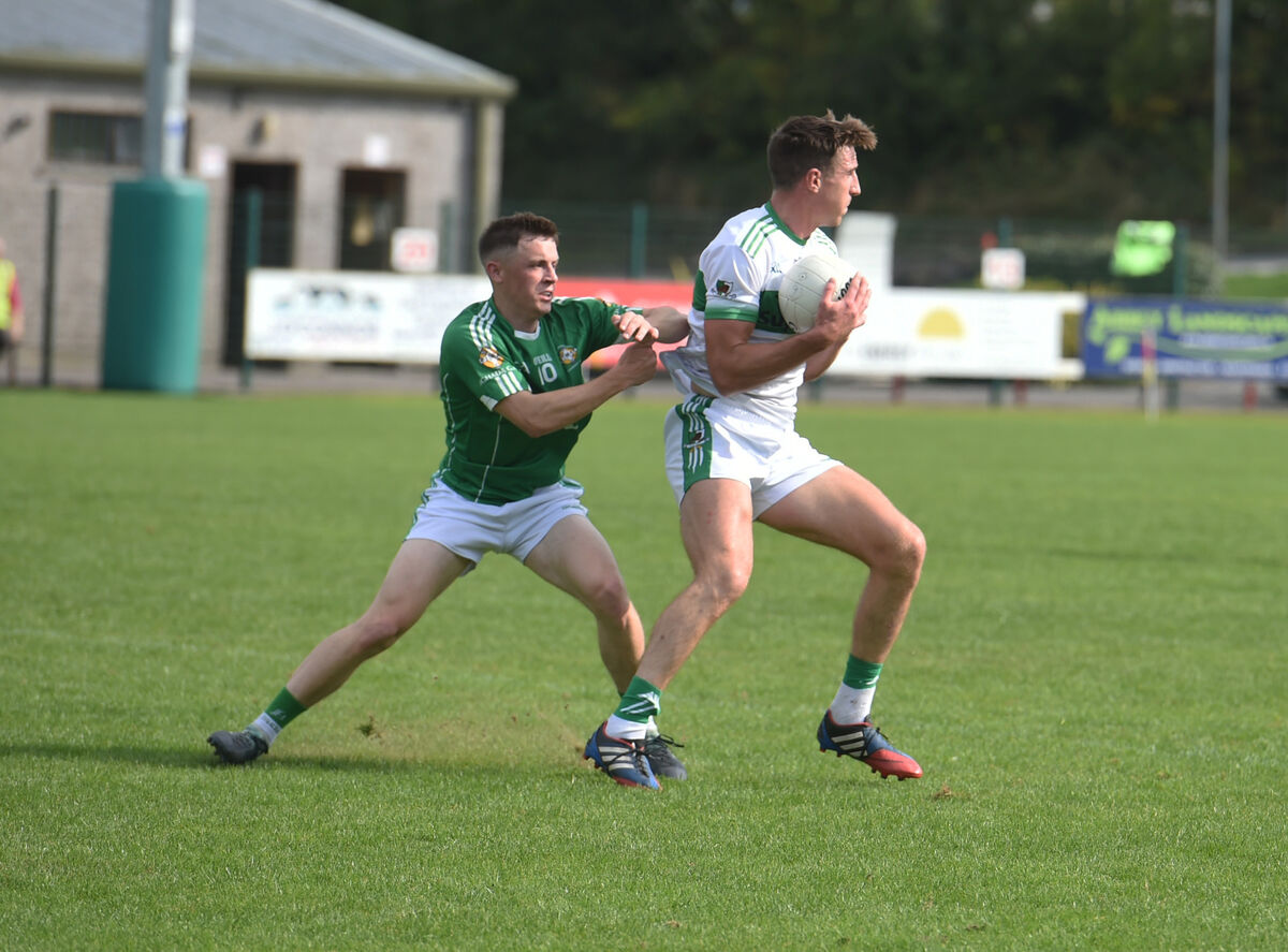 Kanturk's Aidan Walsh wins possession in the air from Kevin O'Hanlon of Aghada in 2020. Picture: Larry Cummins Kanturk's Aidan Walsh wins possession in the air from Kevin O'Hanlon of Aghada in 2020. Picture: Larry Cummins